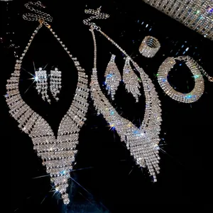 Luxury V-Shaped Rhinestone Jewelry Copper Tassel Necklace Earrings Bracelet Ring With 925 Sterling Silver Earring Post