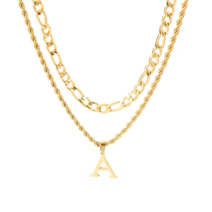 Double-layered gold stainless steel necklace with Figaro chain and letter A pendant