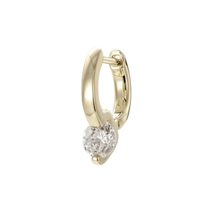 Minimalist gold hoop earring with a sparkling round zircon stone on a white background
