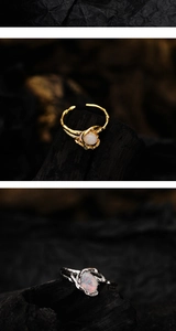 Artistic close-up of S925 sterling silver opal rings on dark textured rock background