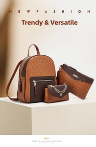 Three-piece brown leather bag set with luxury embossed pattern and gold chain detail