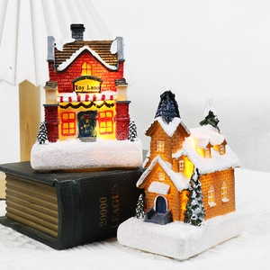 LED Christmas resin miniature Toy Land house and brown church snowy landscape decor