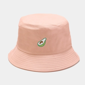 Close-up of cute avocado embroidery on pink cotton bucket hat with detailed stitching