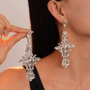 Vintage oversized silver cross drop earrings with sparkling rhinestone crystals for women