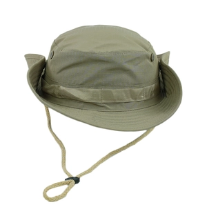 Close-up of olive green ripstop sun hat with metal vents and adjustable chin strap