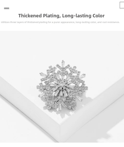 Detail of snowflake brooch showing premium zircon inlay and three-layer electroplating