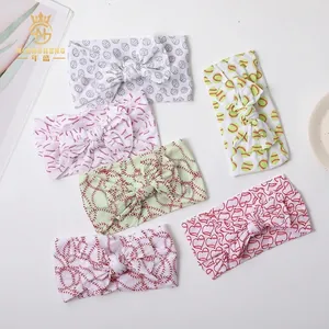 Set of six soft nylon baby headbands with assorted sports and heart print patterns