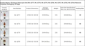Size chart showing height and dimensions for telescopic Christmas plush dolls