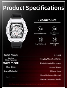 Detailed size chart for the tonneau-shaped quartz watch featuring 44mm dial and silicone strap