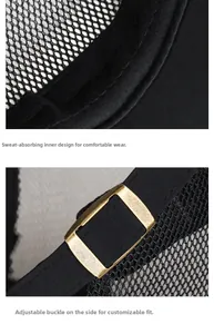 Detail of moisture-wicking sweatband and adjustable metal side buckle on mesh flat cap
