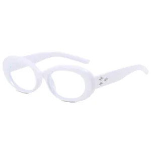 White oval frame fashion glasses with silver star accents in a 45-degree angle view