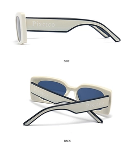 Detailed side and back views of retro polygon sunglasses in cream with blue lenses