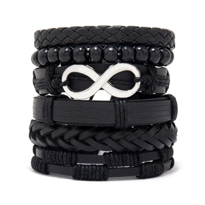 Multi-layer black braided leather and wood bead bracelet set with infinity alloy charm