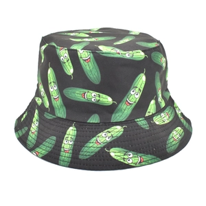 Unisex black bucket hat featuring funny cartoon cucumber print for outdoor sun protection