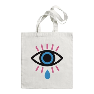 White canvas tote bag featuring a Turkish Evil Eye print with blue and pink details