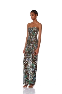 Detail of colorful sequin floral embroidery on a dark strapless evening gown