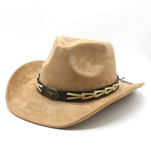 Western style faux suede cowboy hat in camel with bull head metal emblem and woven band