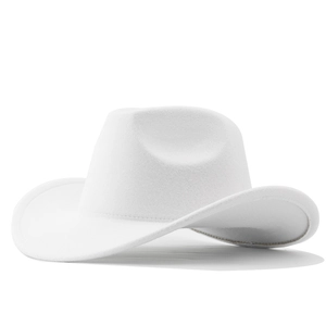 Side view of white wool western cowboy hat with a curved brim and stylish pinched crown