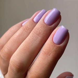 Classic short square lavender purple press-on nails with a glossy high-shine finish