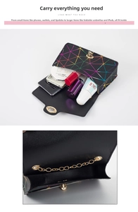 Macro shot showing internal hardware chain and capacity of iridescent geometric bag