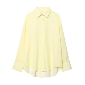 Detailed view of yellow and white striped cotton shirt collar with size S label
