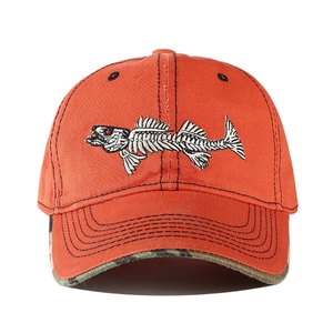 Detailed white fish bone embroidery on a bright orange baseball cap with camo visor