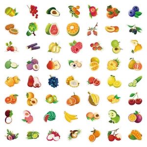 Collection of 64 cute hand-drawn tropical fruit stickers including watermelon and avocado