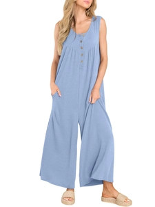Detail of light blue sleeveless ribbed jumpsuit with wood buttons and functional side pockets