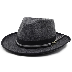 Detail of grey wool fedora hat featuring a stylish two-tone decorative band and metal buckle