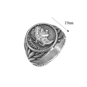Macro detail of 19mm Caesar Roman coin ring in vintage silver stainless steel