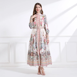 Retro langärmeliges Maxikleid mit Stehkragen, Blumendruck und Gürtel