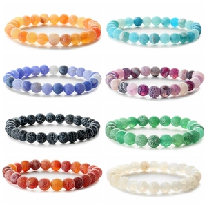 Natural Dragon Vein Agate Beaded Bracelet For Men Women Round Frosted Weathered Stone Elastic Bracelet Boho Jewelry