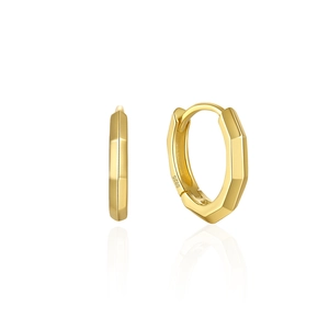 Macro shot of S925 sterling silver hoop earrings with polished gold geometric facets