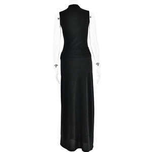 Back view of a sleek black sleeveless mermaid dress with shiny metallic finish texture