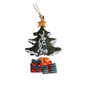 Vintage green metal Christmas tree hanging ornament with colorful gift boxes and Welcome text