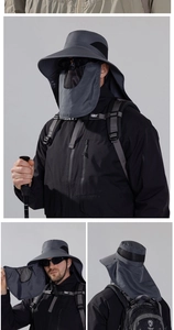 Detail of gray sun hat with detachable face mask and neck flap for full outdoor protection
