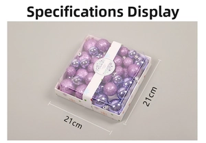 Detail of purple Christmas balls set in 21cm square box with shiny and glitter finishes