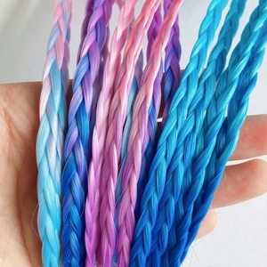 Kids colorful gradient braided hair extensions in blue, purple, and pink on elastic bands