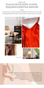 Detail view of red silk satin slip dress with elegant V-neck and magazine-style layout