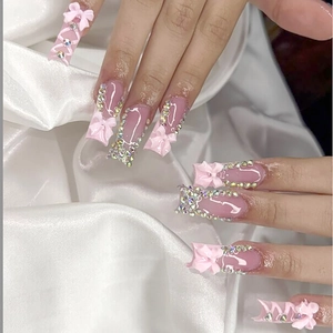 Long Coffin Press On Nails Pink French Tip With 3D Bow And Rhinestones Sweet Y2K Style Women