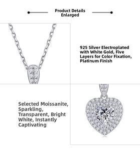 Macro detail of heart-shaped moissanite pendant in 925 sterling silver with pavé setting
