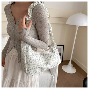 Floral oxford cloth underarm bag with ruffled strap and vintage purple flower pattern