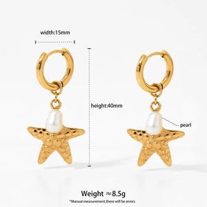 Detail of starfish and baroque pearl drop earrings with size measurements in 40mm height