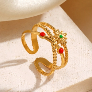 Vintage Sun Starburst Stainless Steel Gold Plated Multi Layer Bohemian Colorful Enamel Adjustable Open Ring For Women