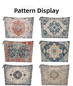 Detailed pattern display of six bohemian style cosmetic bags with diverse ethnic prints