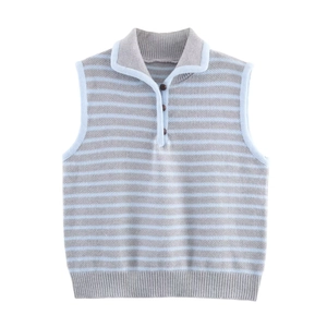 Women's Autumn Striped Knitted Vest Polo Lapel Collar Sleeveless Sweater Top Slim Casual Grey Blue Fashion Waistcoat Cardigan