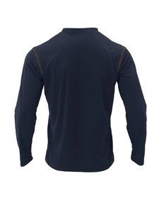 Vue détaillée du polo à manches longues pour homme bleu marine avec coutures contrastées jaunes
