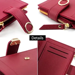 Short bordeaux faux leather wallet with lychee texture and gold zipper details