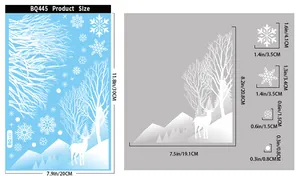 Detailed size chart for Christmas window stickers featuring reindeer and snowflake dimensions