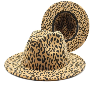 Detail of leopard print fedora hat featuring soft felt texture and inner sweatband